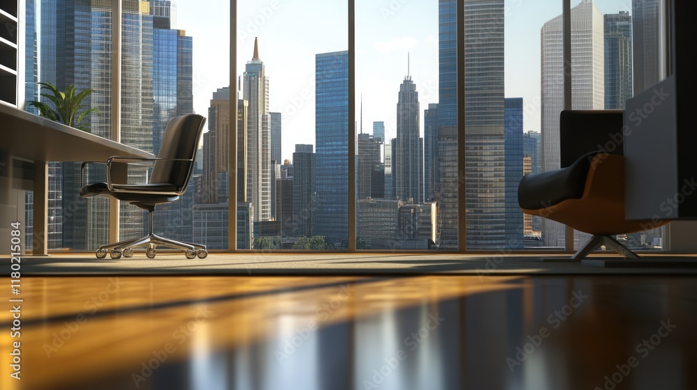 Poster a cityscape visible from inside a room, suitable for use in interior design or architecture illustra