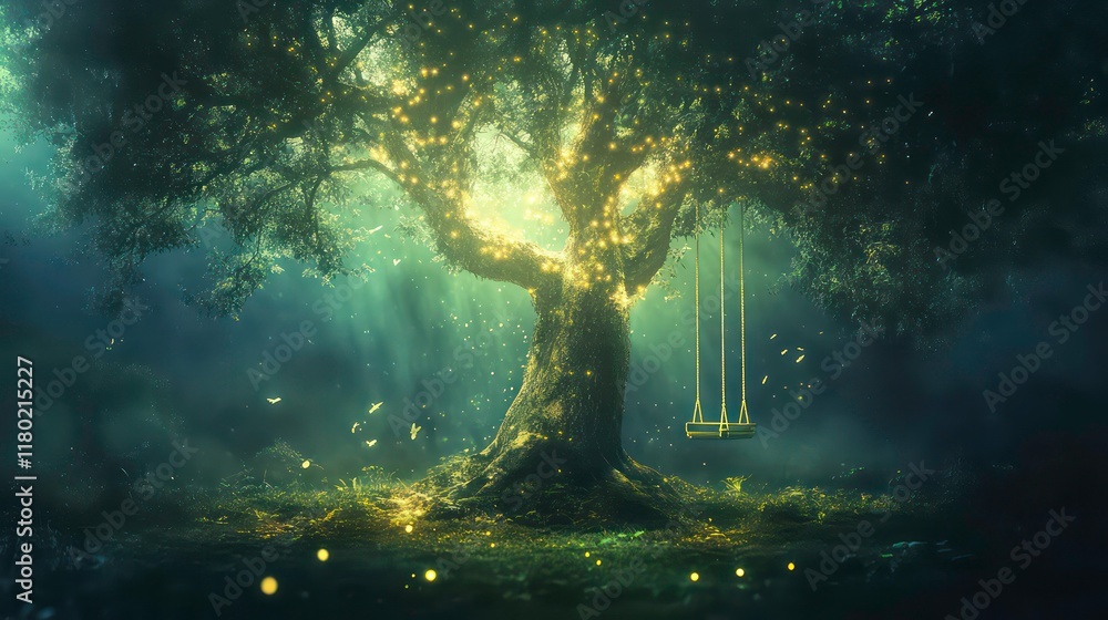 Poster mystical tree with glowing lights and a swing in a serene atmosphere.