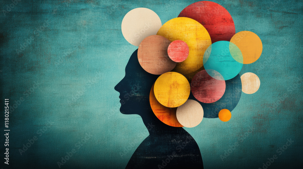Poster let go of your mind, a high-resolution image featuring a silhouette surrounded by pastel spheres, cr