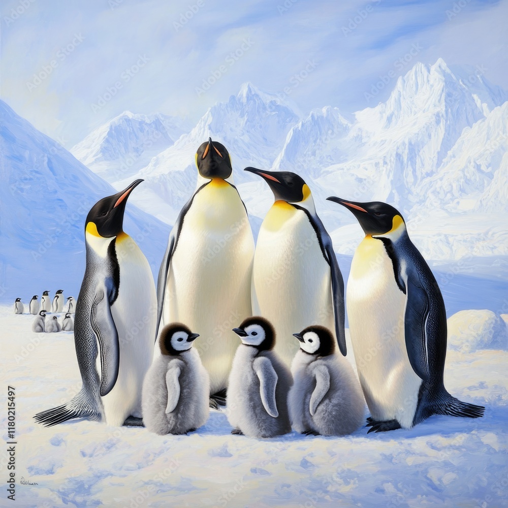 Poster a group of penguins standing next to each other in a row