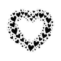Black hearts arranged in a pattern forming a heart shape, minimalist style, white background, concept of love and romance. Valentine's day illustration.