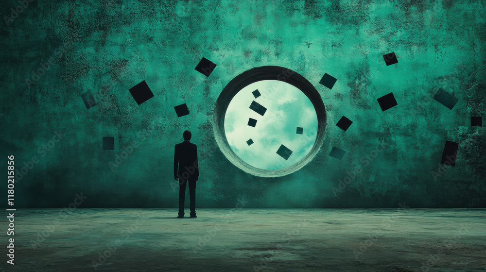 Poster let go of your mind, silhouetted figure standing before a colorful swirl, high fidelity image showca