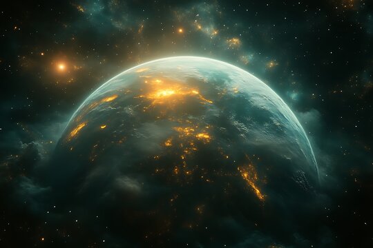 Glowing Earth-like planet in space.