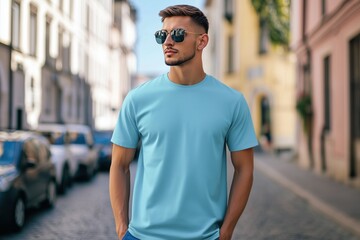 Fototapeta premium A stylish young man wearing sunglasses and a light blue color T-shirt mockup, walking confidently down a cobblestone street lined with buildings. The scene captures a vibrant urban atmosphere.