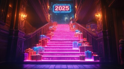 Obraz premium Glowing Neon Staircase Presents 2025 New Year s Eve Celebration