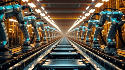 Obraz premium Factory assembly line with robotic arms working efficiently at dusk