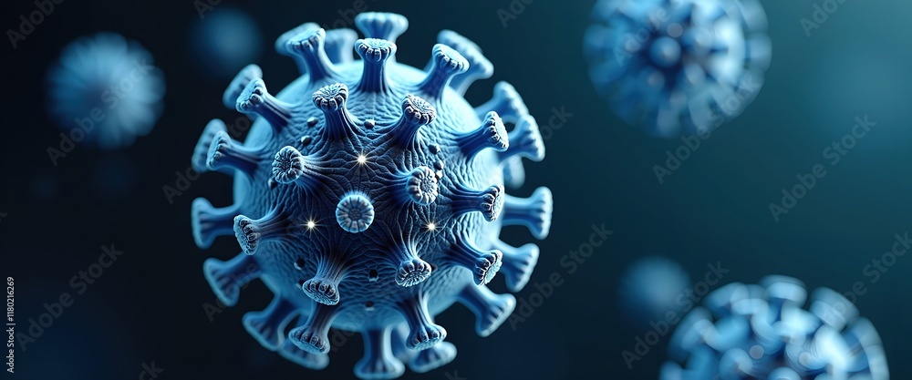 Poster microscopic view of a virus particle. detailed 3d rendering showcasing its complex structure and sur