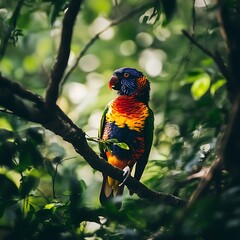 colorful bird sitting on branch in forest