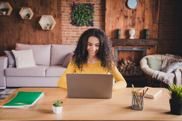 Young afro woman studying on laptop in cozy living room with natural daylight