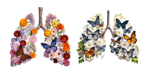 Lungs Decorated with Vibrant Flowers and Colorful Butterflies