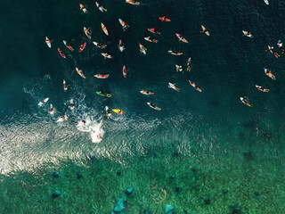 Surfers with Surfboards in the Blue Ocean - Aerial View of Hawaii Sea 