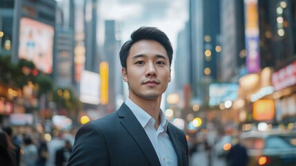 Fototapeta premium Young man in suit on city street.