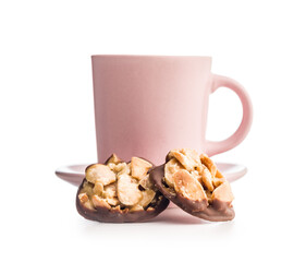 Photography of chocolate Florentines cookies with almonds and chocolate isolated on white background.