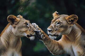 Two majestic lions standing side by side, showcasing their powerful presence