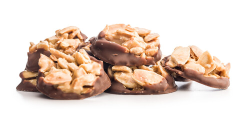 Photography of chocolate Florentines cookies with almonds and chocolate isolated on white background.