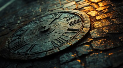 Obraz premium The warm glow of sunset casts dramatic shadows on a weathered sundial set in cobblestone, evoking an ancient sense of time's enduring flow.