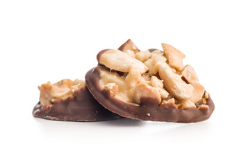 Photography of chocolate Florentines cookies with almonds and chocolate isolated on white background.