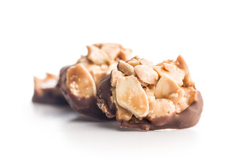 Photography of chocolate Florentines cookies with almonds and chocolate isolated on white background.