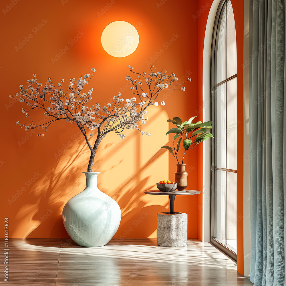 Poster vase with a tree in it sits on a table in front of a window