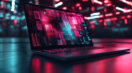 Modern laptop in a high-tech data center environment.