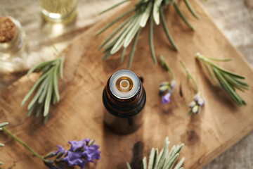 Lavender essential oil in a brown dropper bottle with fresh lavender flowers and leaves
