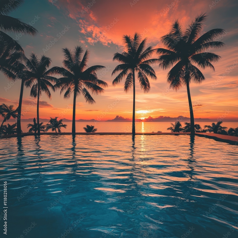 Poster A tranquil scene of palm trees surrounding a pool with a stunning sunset backdrop