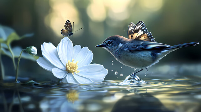 Juncos saliendo del agua con una flor blanca y una mariposa sobrevolando por encima. Ivorylight. Illustration