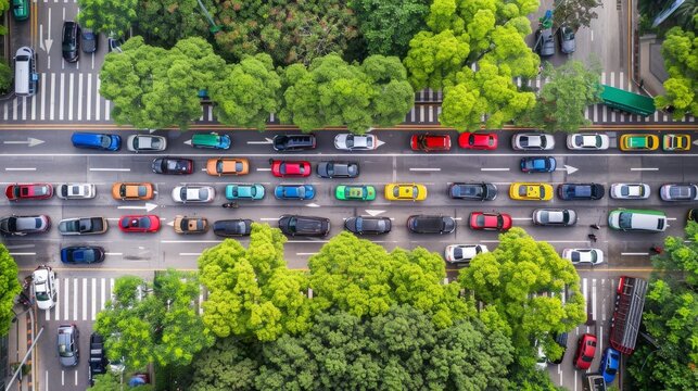 Aerial view of colorful cars in urban traffic jam on a busy city street during rush hour