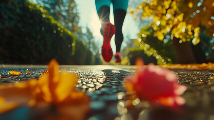 Obraz premium Person jogging in athletic gear on a sunny autumn day through a park with colorful leaves scattered on the ground