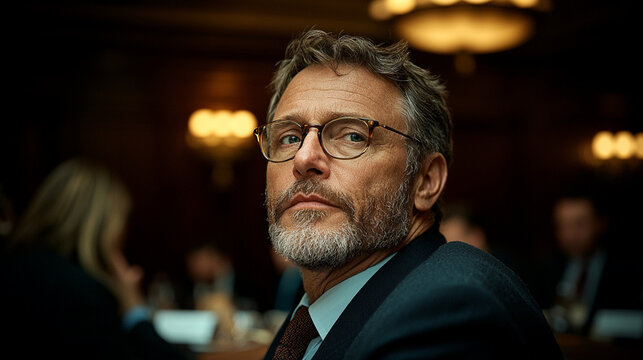 Mature caucasian male in suit at formal event with glasses and beard