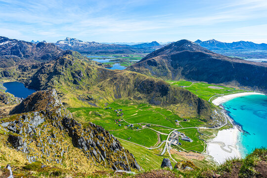 Mannen peak overlooking Haukland Beach, Lofoten Islands, Norway