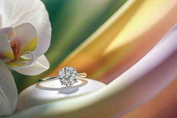Engagement wedding background concept featuring luxury diamond ring with polished finish on white cushioned showcase, orchid flower, backdrop in pastel lavender, yellow, green, pink, copy space.