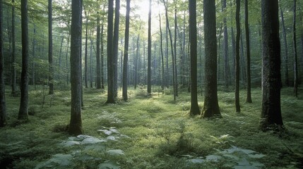 Fototapeta premium Sunlit rays pierce through the canopy of a forest, highlighting the vibrant green of the understory and painting a picture of natural serenity.