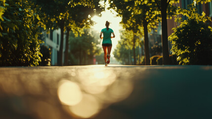 Fototapeta premium Running in the park during sunset, showcasing healthy habits and athletic gear in a serene environment