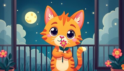 Obraz premium Adorable orange kitten on a balcony at night, gently holding a flower. The moon and stars shine brightly in the background, creating a magical, peaceful scene.