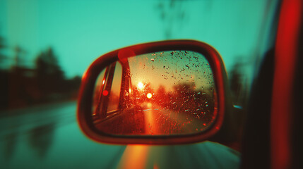 Grainy reflection of a vibrant sunset in a wet side mirror captured during a rainy evening drive