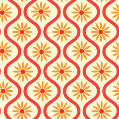 Retro orange flowers on red ogee oval waves seamless pattern on light cream background. For wallpaper, textile and fabric