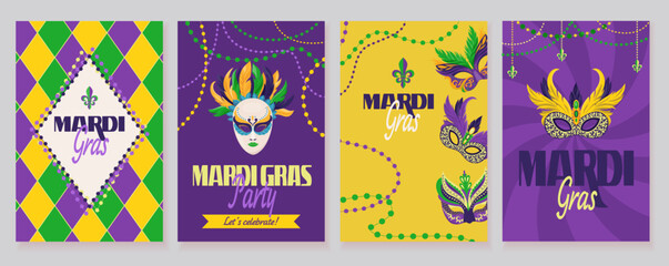 Set of holidays carnival flyers with masks Vector templates concept with masquerade party face disguise accessory capturing spirit of celebration Vertical design for print, card, banner, greeting post