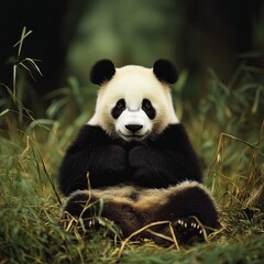 Obraz premium A panda bear sitting peacefully in the grass, a serene and natural scene