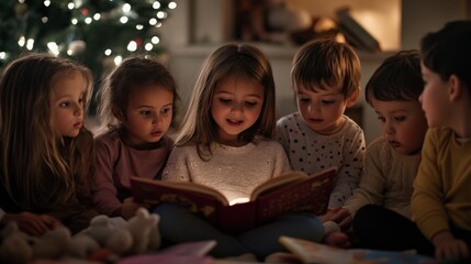Fototapeta premium The magic of a storybook captivates children under the glow of Christmas lights, filling the room with wonder and joy during a festive evening.