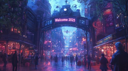 Fototapeta premium Futuristic 2025 Cityscape Night Market Festive Welcome Arch