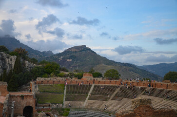 Ancient Theatre – Teatro Antico di Taormina, Sicily, Italy, the most important monument. Carved...