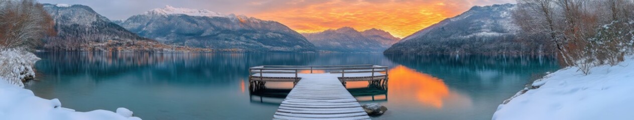 Serene winter sunset over a lake with mountains and a wooden pier