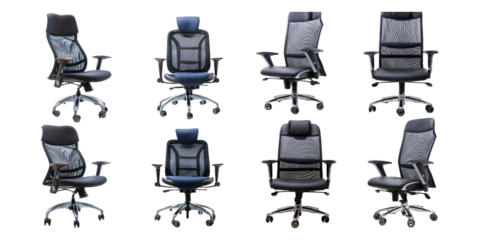 Variety of Ergonomic Office Chairs on Transparent Background