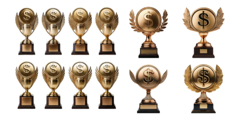 Golden Trophies with Dollar Signs for Achievement and Success