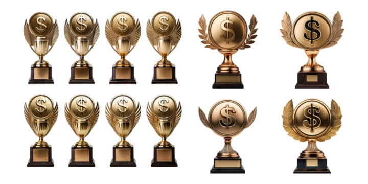 Golden Trophies with Dollar Signs for Achievement and Success