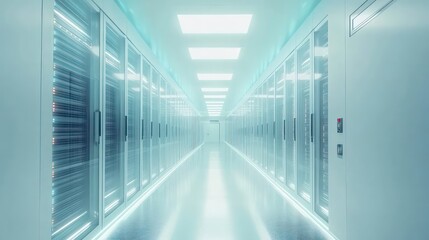 Modern data center corridor showcasing organized server racks in a clean, bright environment, ideal for technology-related visuals.