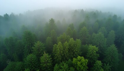 Misty morning in a lush evergreen forest.  Aerial view showcasing the dense canopy and fog rolling through the trees. A tranquil and serene natural landscape.