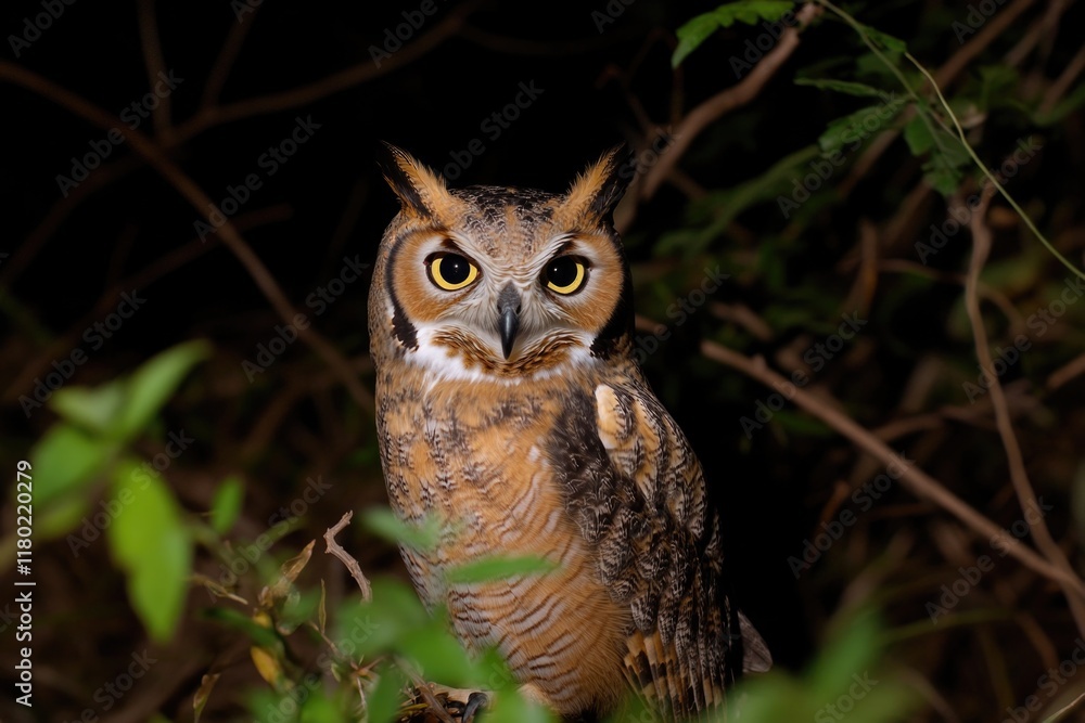 Poster Close-up view of an owl sitting on a tree branch, looking alert and curious