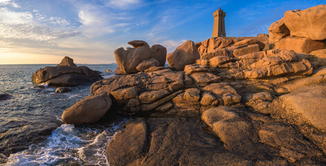 Lighthouse of Ploumanach at the golden hour in Perros-Guirec, Cotes d'Armor, Brittany, France